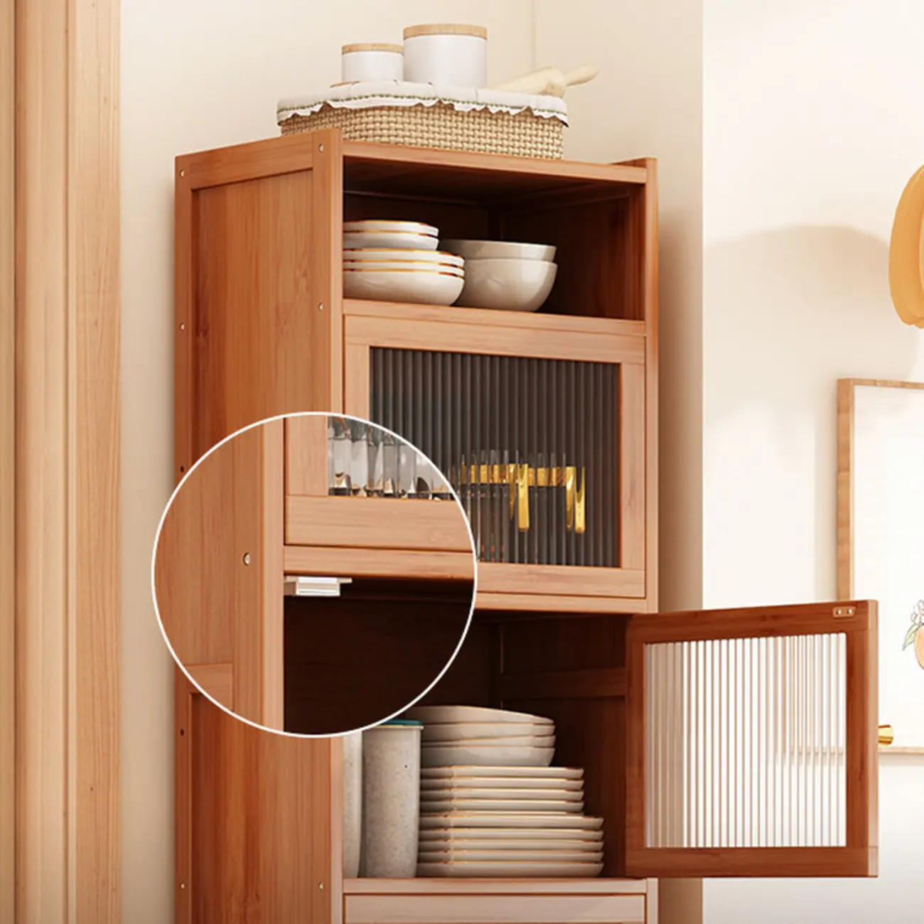 Modern Narrow Bamboo Buffet with Wooden Countertop