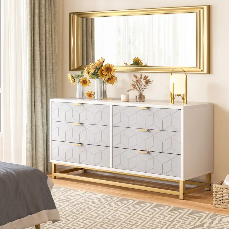 6-Drawer Dresser with Metal Legs & Patterned Fronts, 47.2