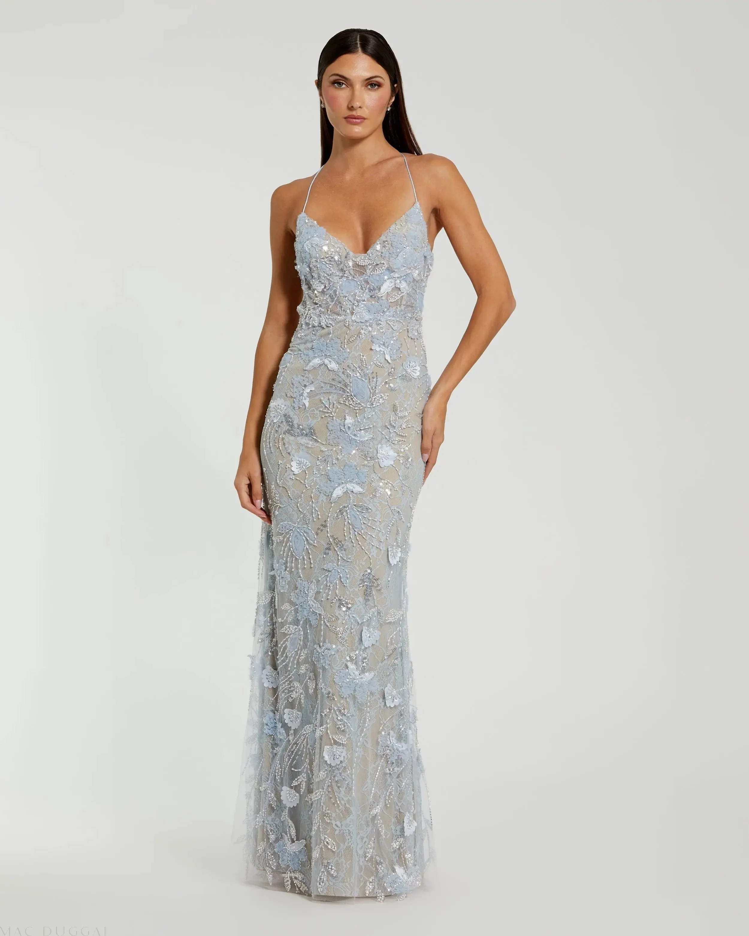 Blue Embroidered Sleeveless Open Back Column Gown
