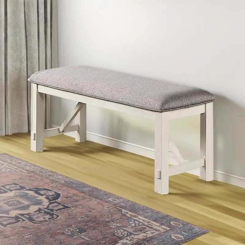50 Inch Dining Bench, Fabric Padded Seat, Rubberwood, Gray and White
