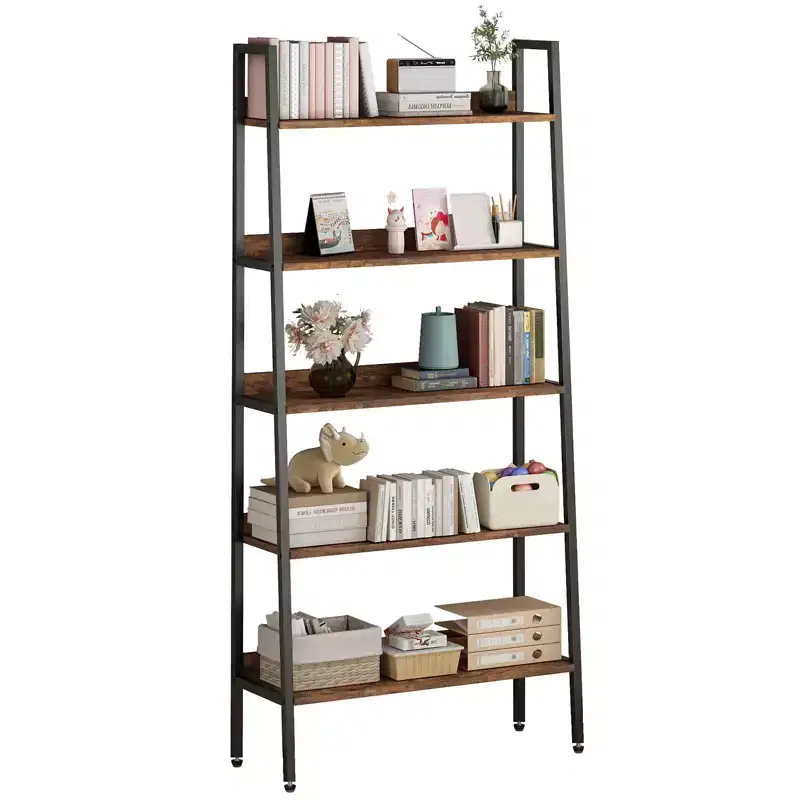 Five-Tier Metal Storage Bookshelf with Adjustable Feet Farmhouse-Style Open Bookshelf Vintage Brown Storage Rack Ideal for Offices, Living Rooms