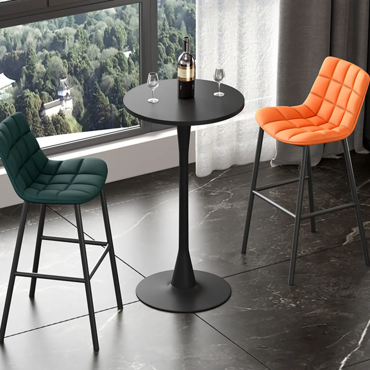 Modern Matte Black Metal Pedestal Round Wood Bar Tables