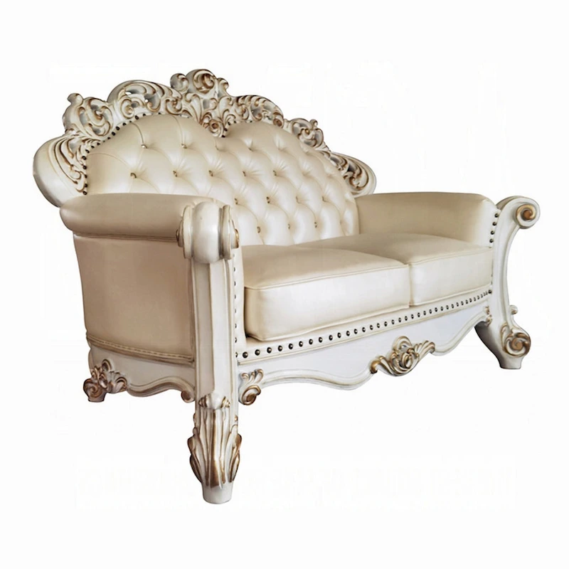Antoine Loveseat, Carved, Champagne Faux Leather, Pearl White 70 Inch