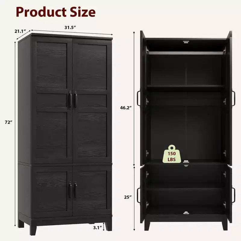 72 Tall Modern Wooden Armoire Wardrobe Closet, 4 Doors, 18 Adjustable Shelves & Hanging Rod, Freestanding Bedroom Storage Cabinet