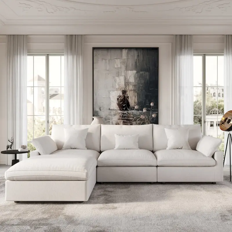 Modular Sectional Sofa Cloud Couch with Ottoman, 119 L Shaped Linen Blend Fabric Minimalist Sectional Sofa for Living Room