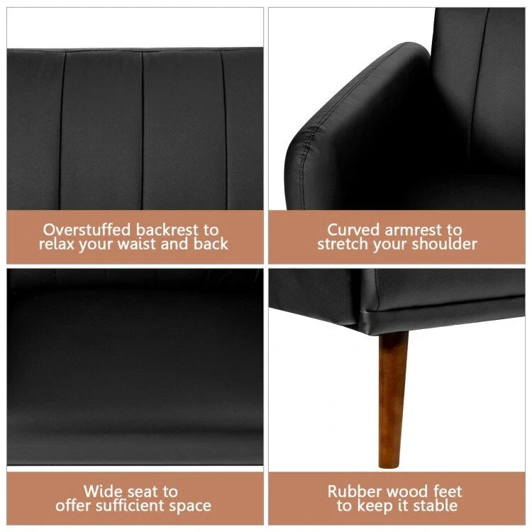 Convertible Futon Sofa Bed - Black PU Leather - Adjustable 3-Position