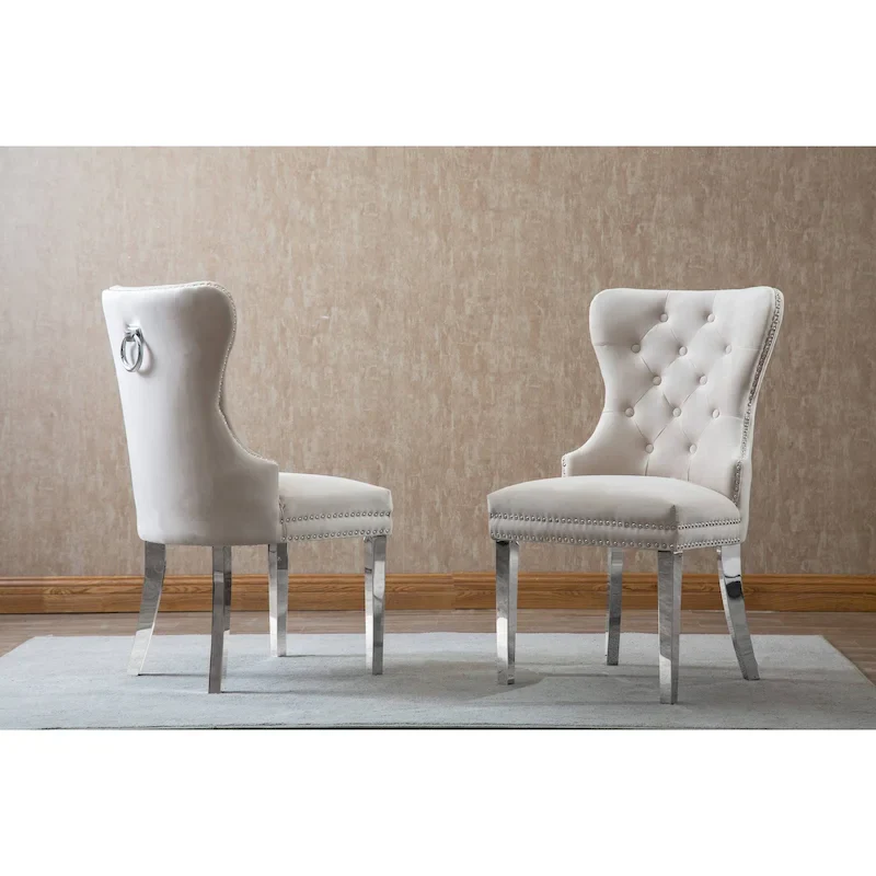 Wingback Button-Tufted Dining Chairs with Nailhead Trim & Steel Frame – Black / Grey / Cream / Navy Blue / White Faux Leather