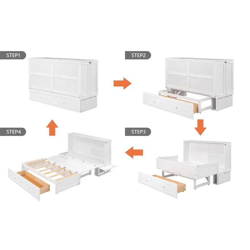 White Queen Wall Murphy Bed with Drawer & Side Shelves, 1-Person