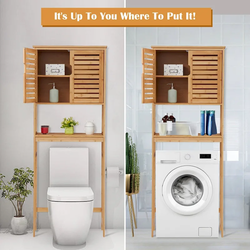 Bamboo Over-The-Toilet Organizer Cabinet | Freestanding Bathroom Storage Shelf with Doors & Shelves