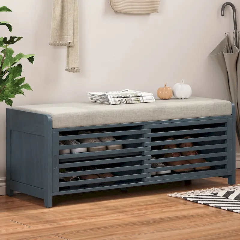 Shutter-Style Storage Bench with Cushion & Sliding Door – Navy / Espresso / Grey / White Washed / White, Classic Style