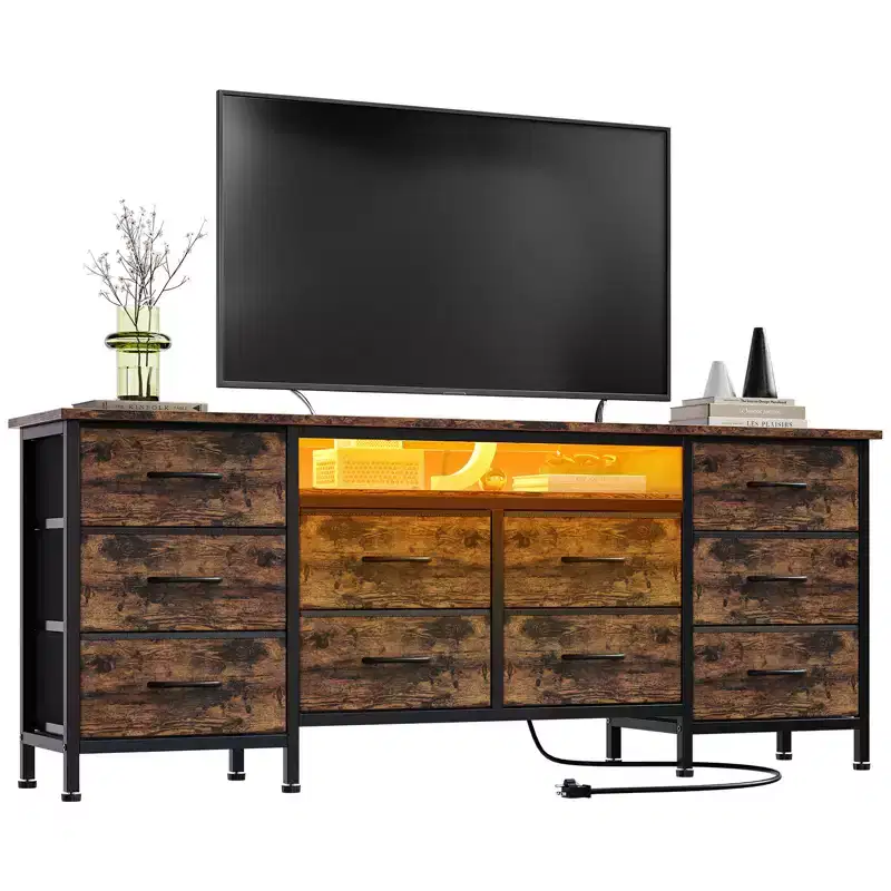 63 Wide Black Dresser with 10 Fabric Drawers, Built-in Power Outlet  Modern Bedroom Storage Chest & TV Stand for Clothes and Living Room