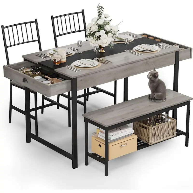 Dining Table Set for 4, Wooden Kitchen Table with with 2 Chairs and a Long Bench