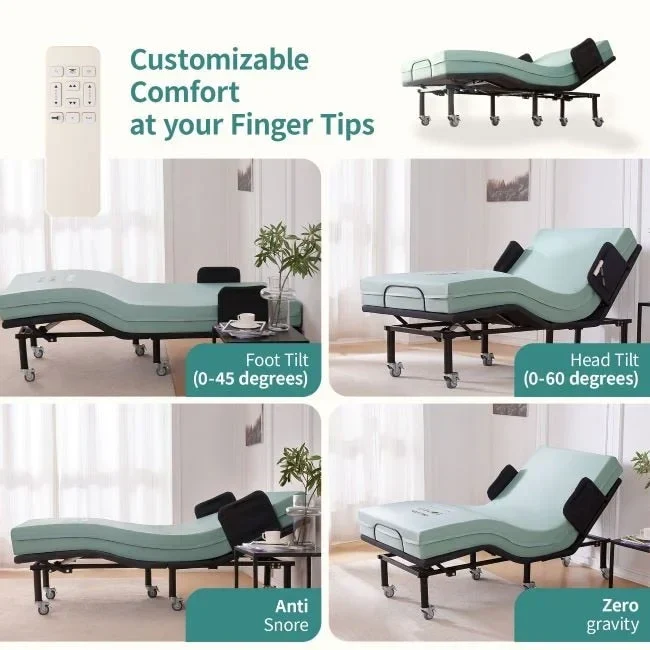 Twin XL Adjustable Bed Frame & 6 Mattress  Zero Gravity Bed with Side Rails