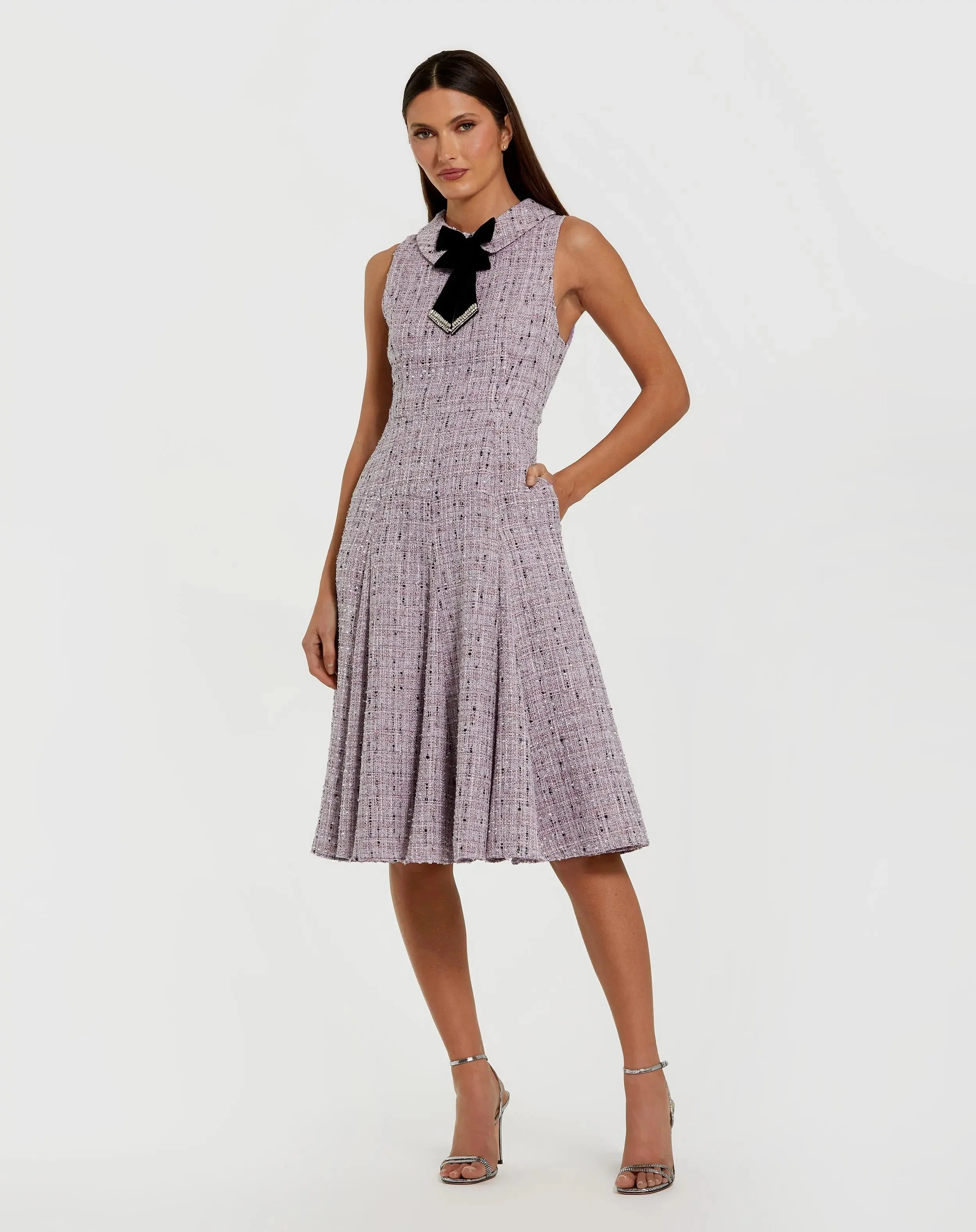 Purple Sleeveless Boucle A-Line Midi Dress With Bow