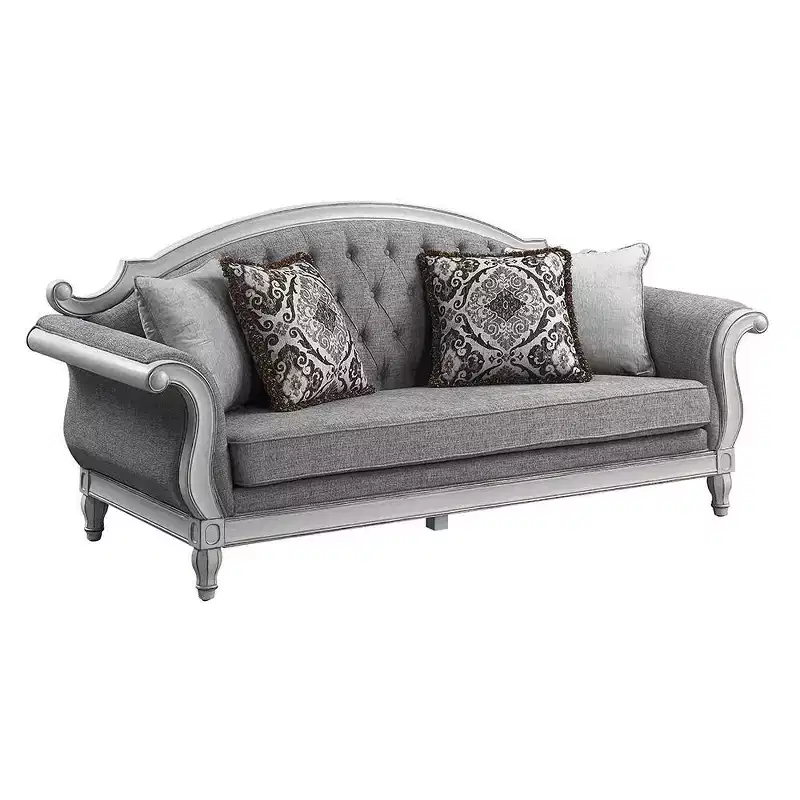 88" Florian Sofa Gray Fabric and Antique White Finish - Acme Furniture: Leather Upholstery, Wood Frame, Includes Accent Pillow