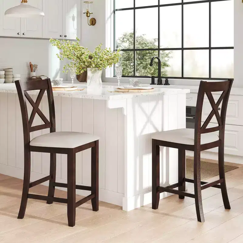 Costway Rubber Wooden Bar Stools Set of 2/4 with Footrest Comfortable Linen Cushion