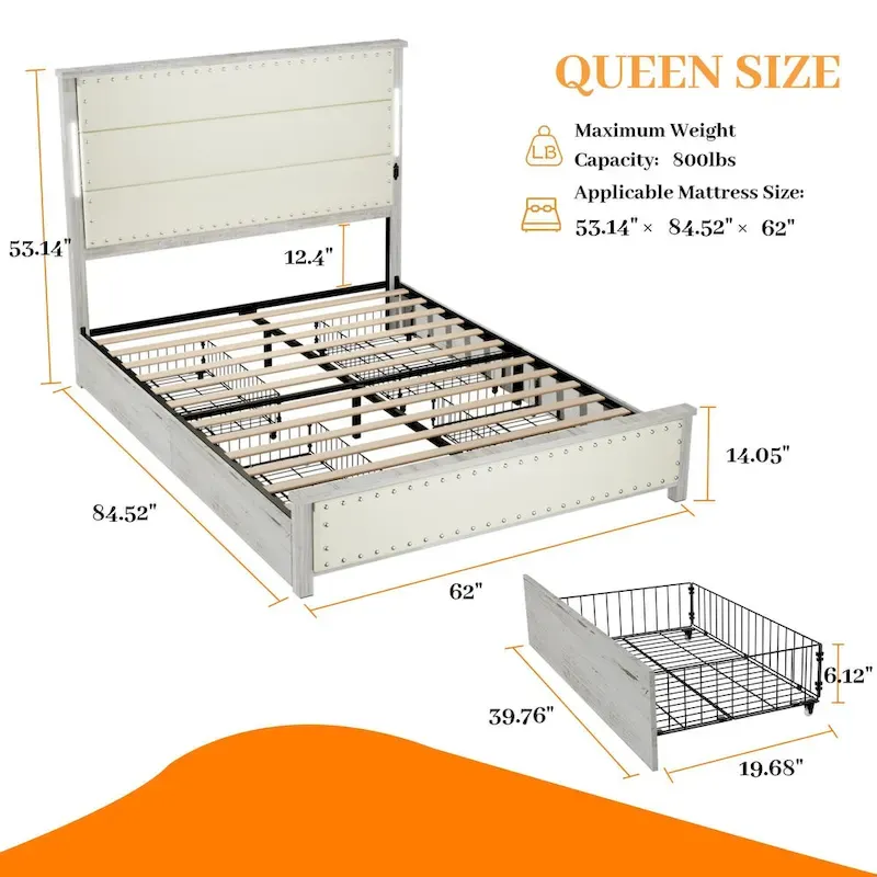 HEBZON Queen Size Bed Frame White MDF+Metal with Upholstered Headboard and 4 Storage Drawers