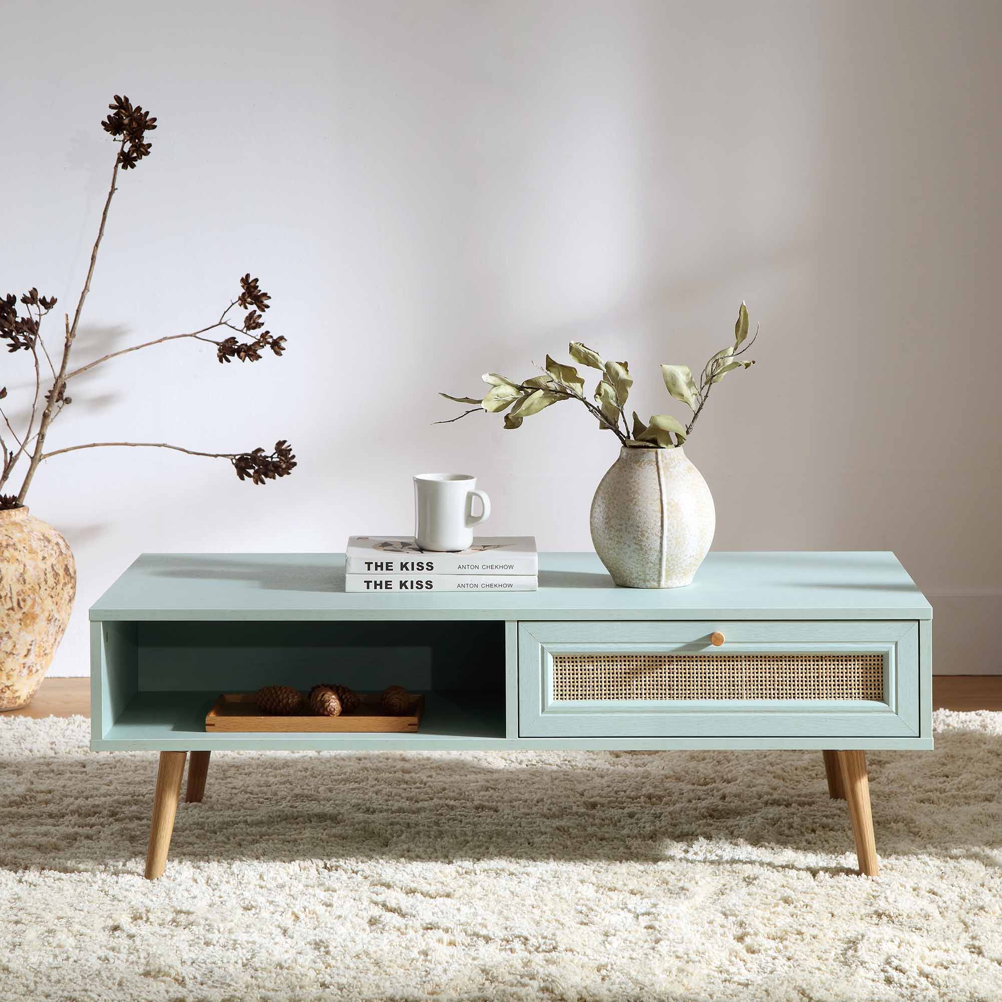 Woven Rattan Wooden Coffee Table in Mint