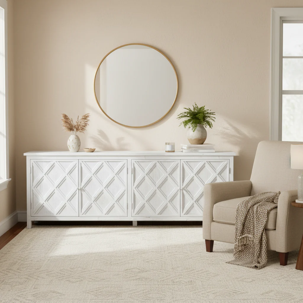 94 Reclaimed Pine White Washed Painted Carved Sideboard