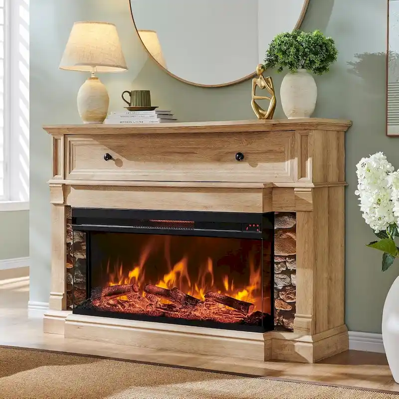 Natural Oak / White / Dark Oak 3-Sided Glass Electric Fireplace TV Stand, Fits TVs up to 65