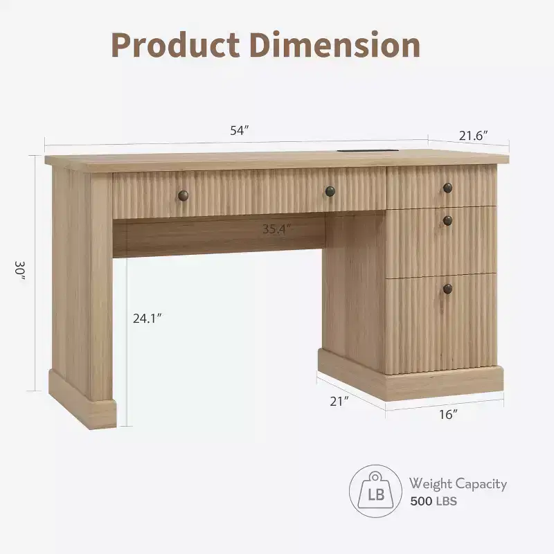 Fluted Home Office Desk Storage, 54 in Modern Executive Desk with Charging Station, Wooden Computer Writing Desk with File Drawers for Study Room