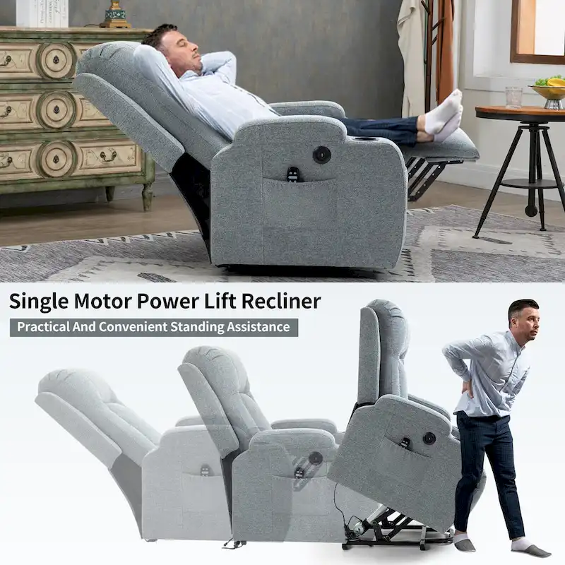 Power Lift Recliner with Massage, Lumbar Heating, USB Charging & Cup Holders, Modern Ergonomic Design