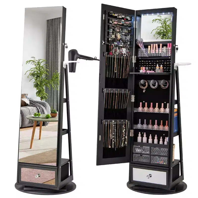 Costway 360 Swivel Jewelry Cabinet w/ Mirror Jewelry Storage Organizer Built-in Lights Black