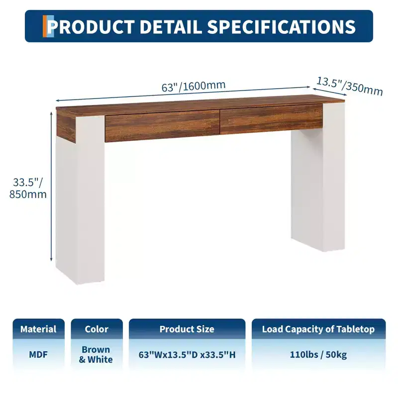 63 Inch Narrow Console Table with 2 Drawers, Entryway Sofa Table with Storage, Slim Hallway Accent Furniture for Living Room
