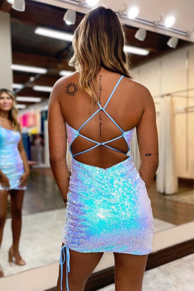 Blue Iridescent Sequins Lace-Up Bodycon Mini Party Dresses