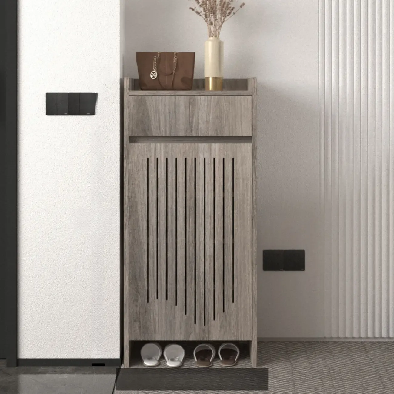 Modern Slim Wood Beige Entryway Shoe Cabinet