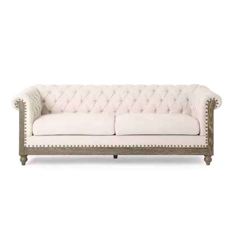 Whisen Retro Style 3-Seat Sofa, PU Leather Sofa with Wooden Legs, Pull-Tab Backrest, Rivet Detailing