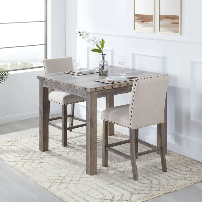 Farmhouse Style 3-piece Square Bar Table Set, 2 Upholstered Counter Stools with Bar Table Dining Set