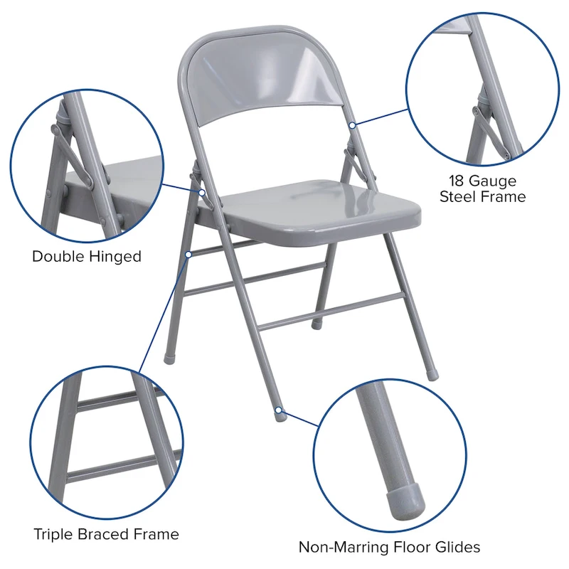 4 Pack Triple Braced & Double Hinged Metal Folding Chair