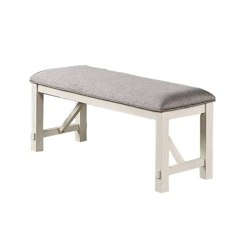 50 Inch Dining Bench, Fabric Padded Seat, Rubberwood, Gray and White
