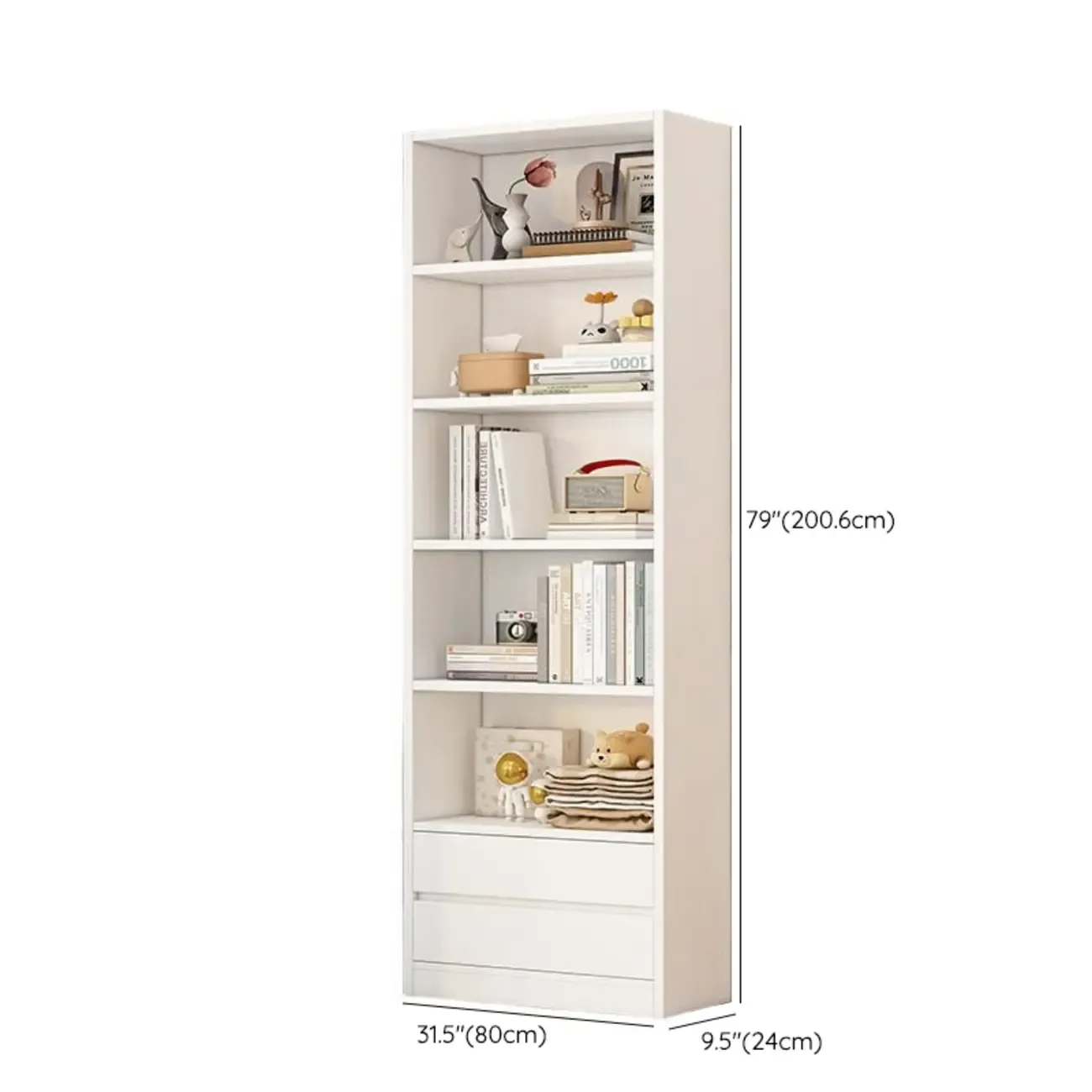 Simple Wooden White 3-Tier Bookcase with Drawers