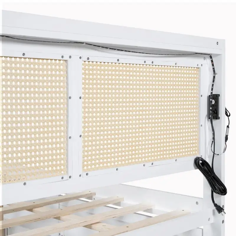 Elegant Bed Frame with Rattan Headboard and Sockets