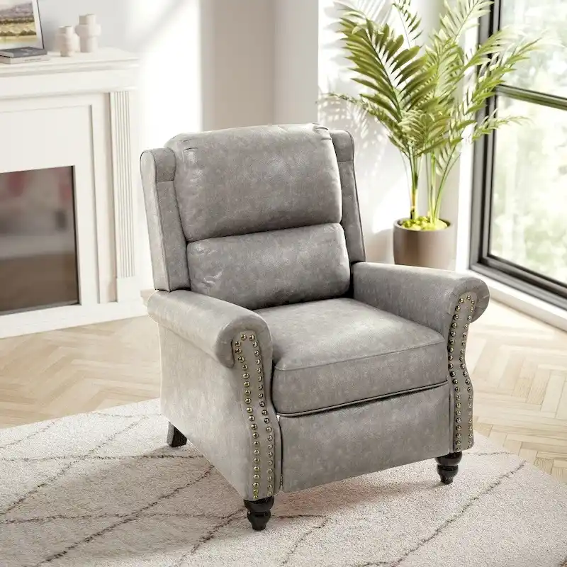 3-Color Classic PU Leather Pushback Recliner with Nailhead Armrests & Wood Legs for 1