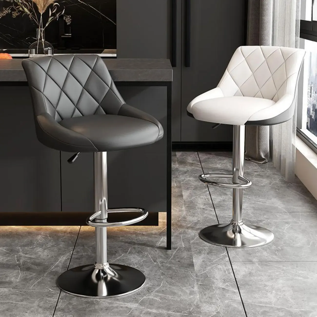 Diamond Tufted Swivel Bar Stool Adjustable Black Red PU Leather