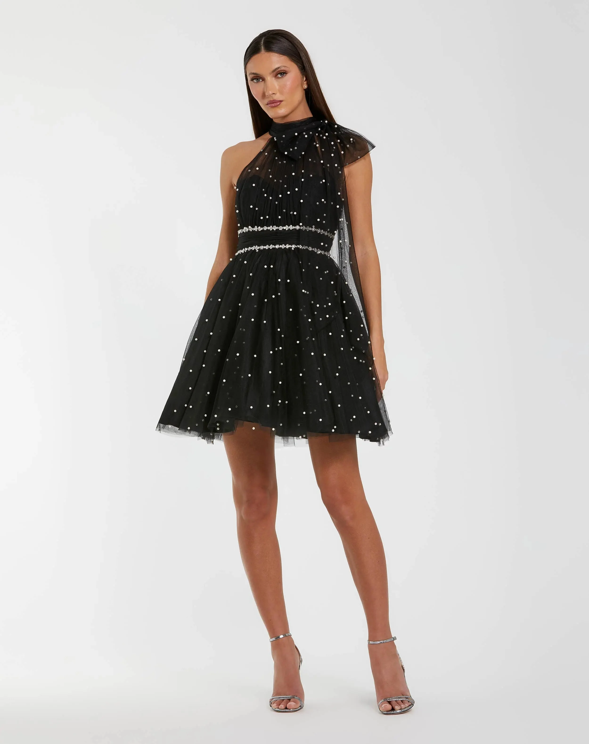 Black Pearl Embellished A Line Mini Dress with Bow