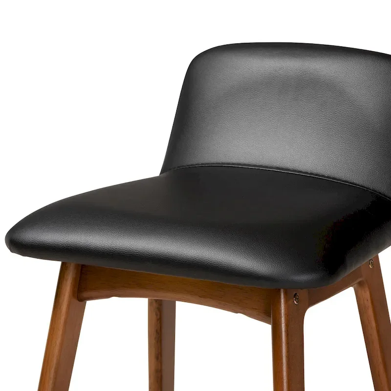Black Faux Leather Counter Stool - Walnut Brown Mid-Century Style
