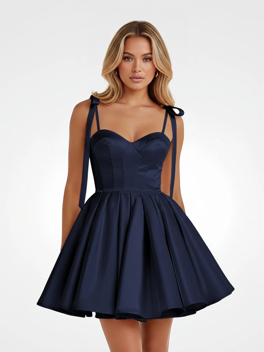 Navy Blue – Spaghetti Straps Satin Pleated A-Line Homecoming Dress with Bow
