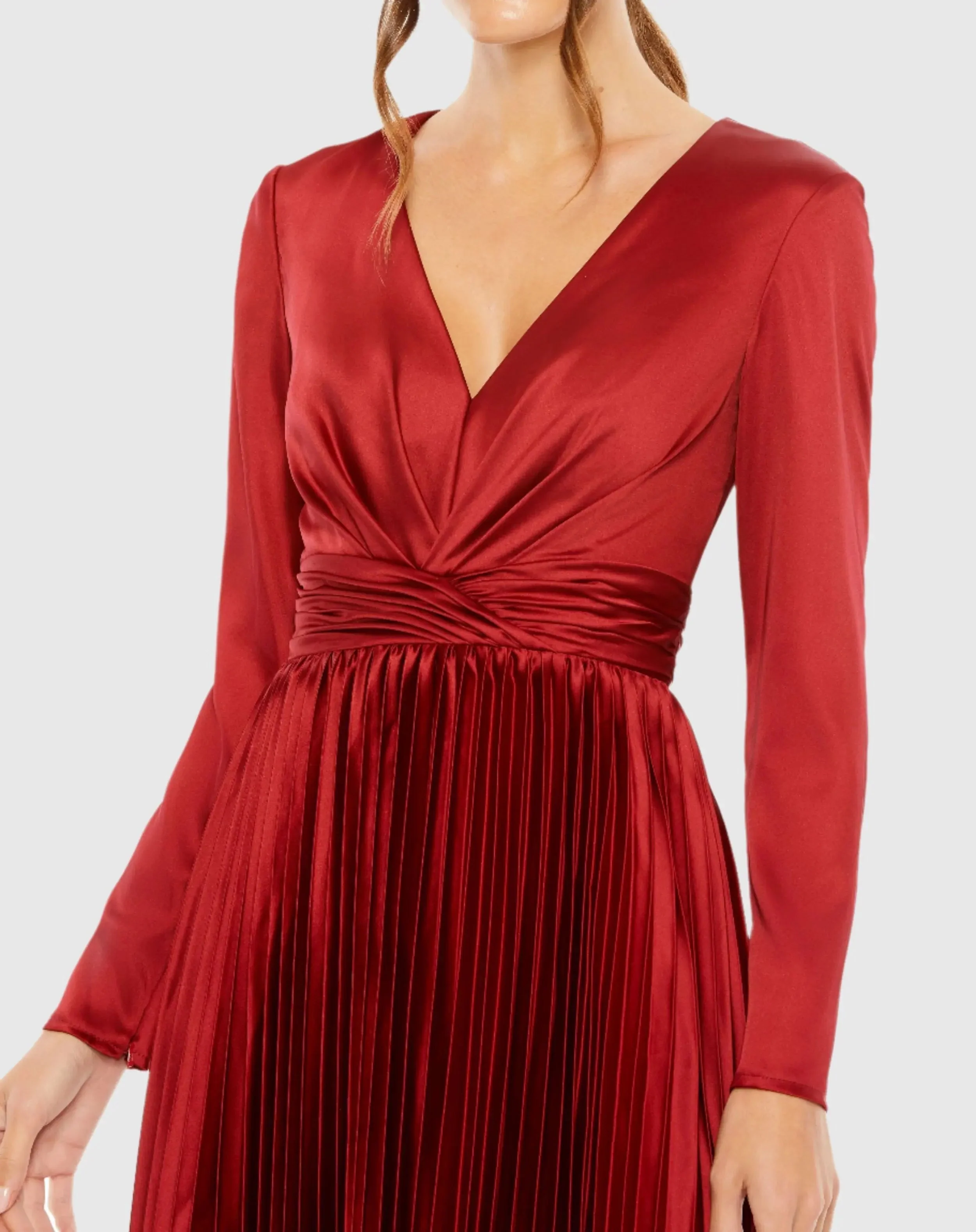 Deep Red Pleated Long Sleeve V-Neck Dress