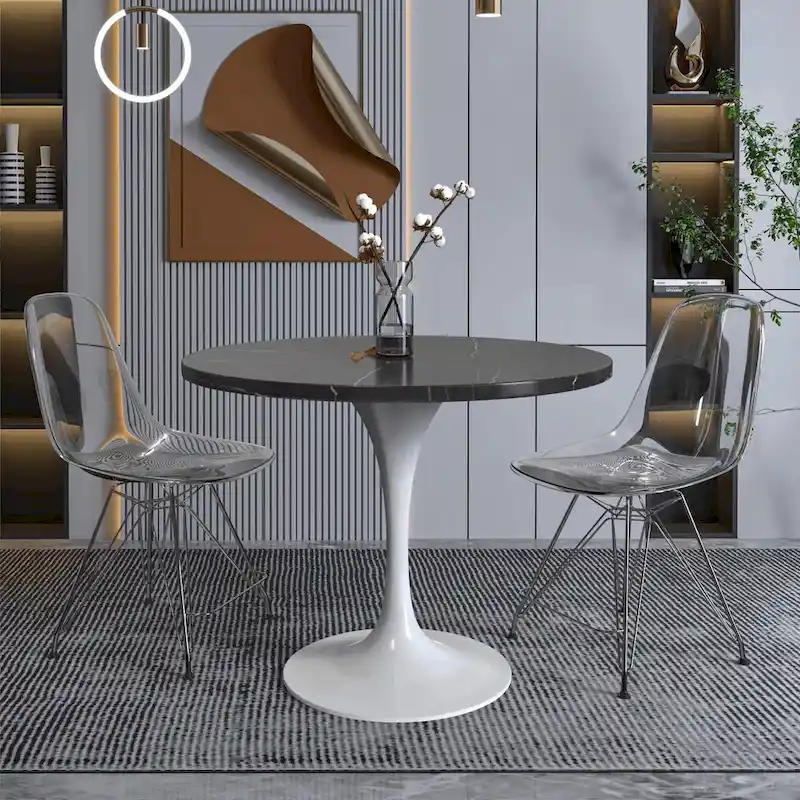 Verve Dining Table with a 36 Round Tabletop in White Steel Pedestal