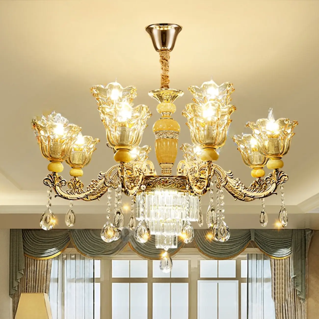 Adjustable Luxury Gold Flower Shape Clear Glass Chandelier