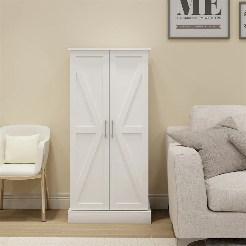 White Freestanding Pantry Cabinet with LED Light, 2 Doors, 10-Compartment