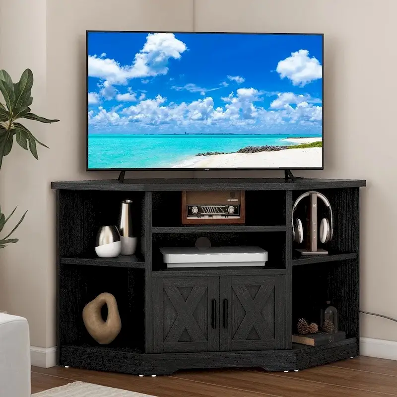 Corner TV Stand, Farmhouse Style, Power Outlet & USB Ports, Barn Door Cabinet, Black, 47 in, 1-Person Use