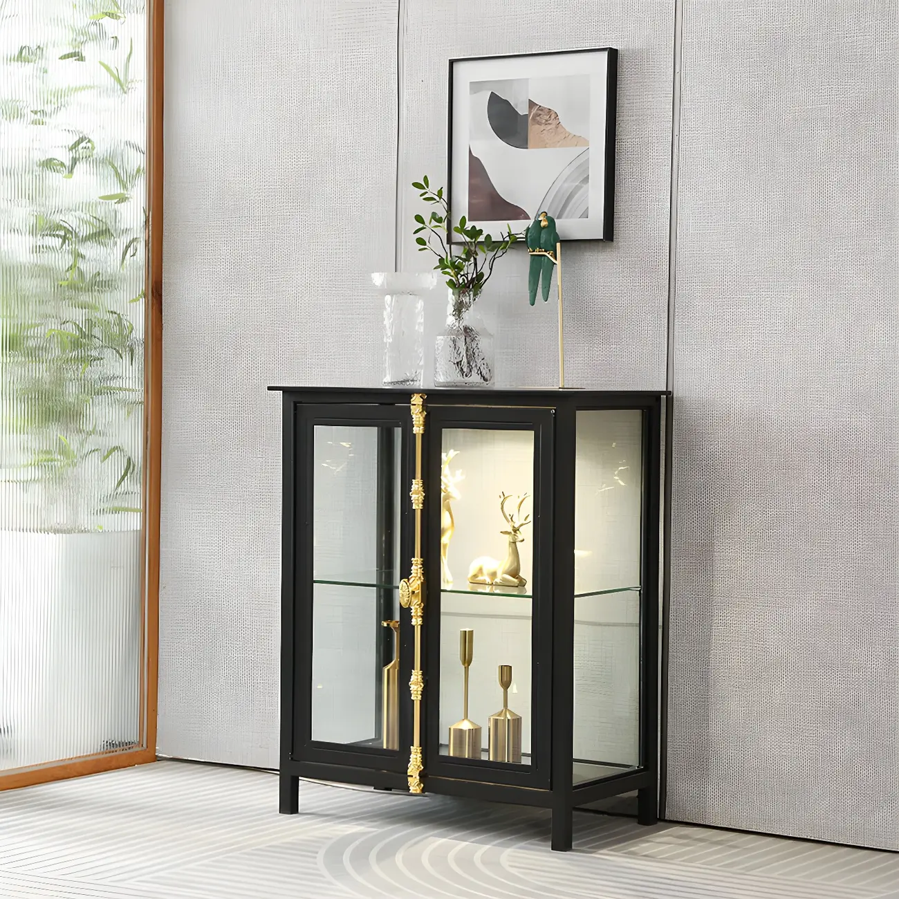 Modish Clear Glass Door Black Metal Curio Cabinet