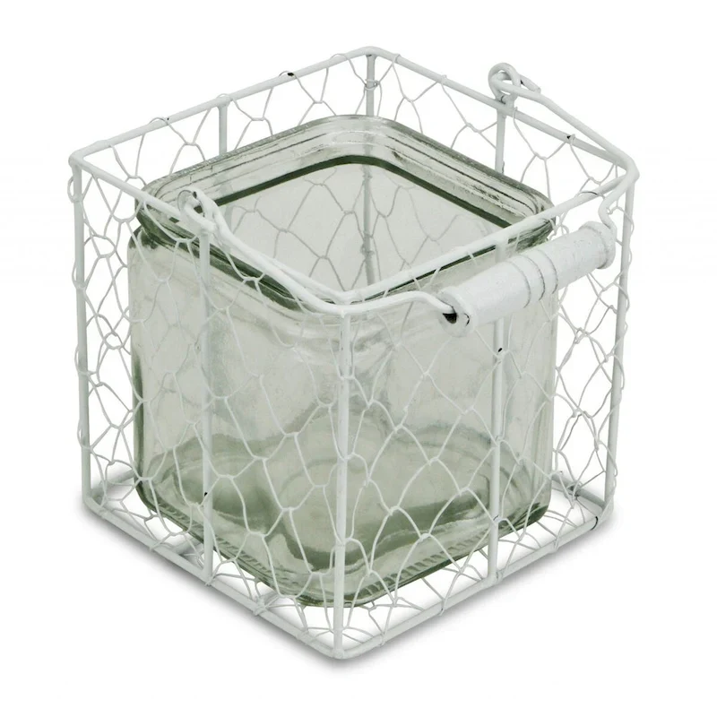 HomeRoots 5.5  White and Clear Wire Basket Glass Jar - 5.5  x 5.5  x 5.5