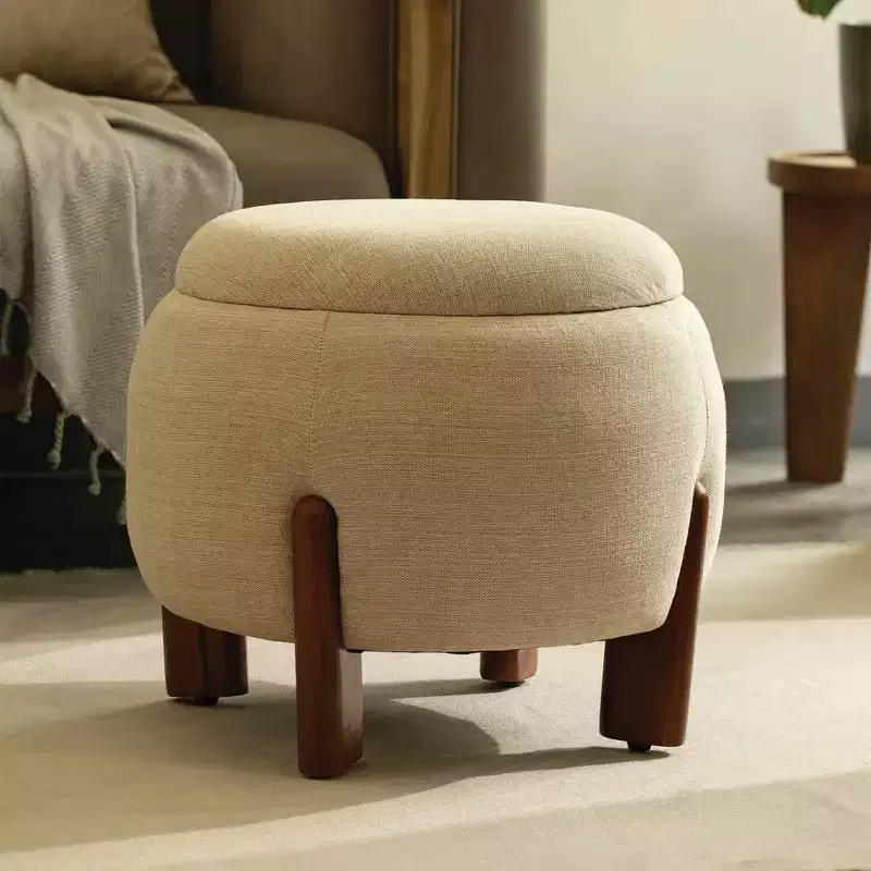 TUYOHW Handcrafted Ottoman with Mango Wood Base,Chic Round Footrest Ottoman for Bedroom & Living Room,Accent Footstool,Easy Maintenance