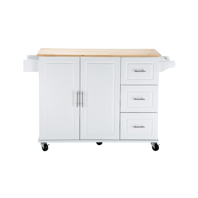 Mobile Kitchen Island Cart with Rubber Wood Top and 3 Drawers